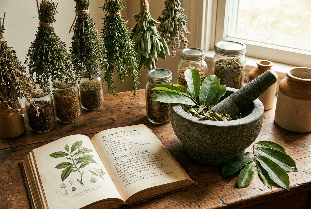 Traditional Caribbean herbs with mortar and pestle