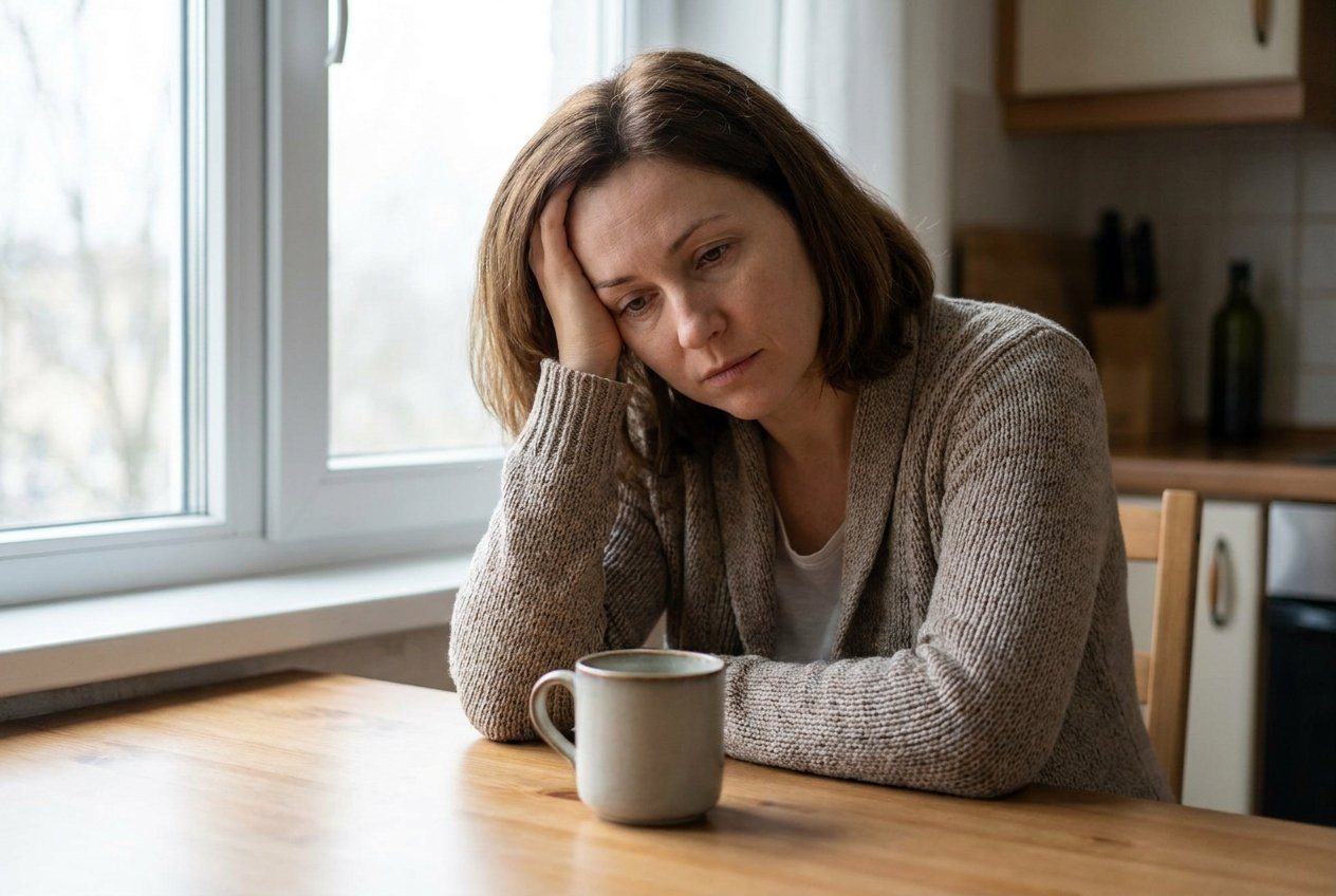 Woman contemplating her symptoms at home