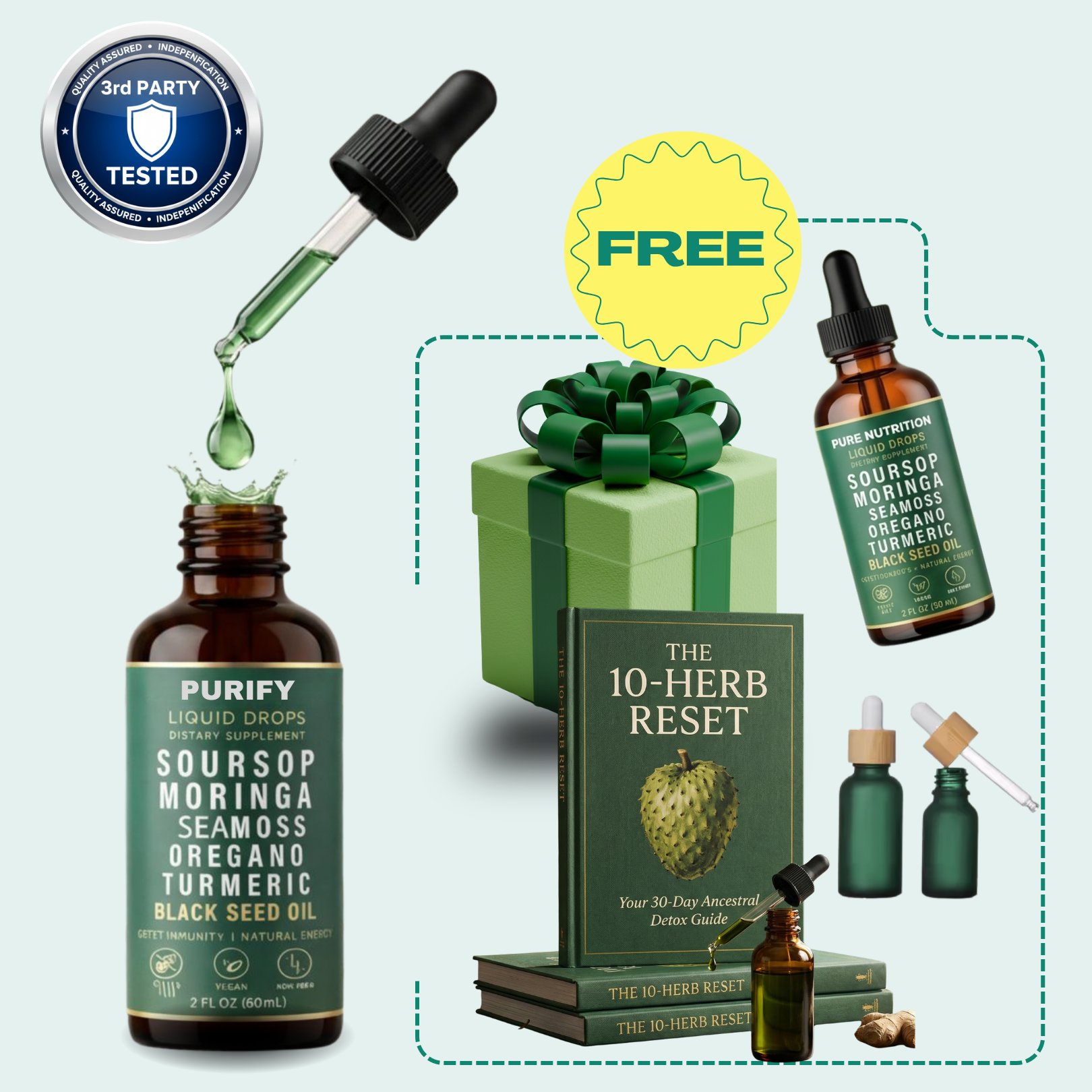 Purify 20-in-1 Soursop Drops with free 10-Herb Reset guide bundle